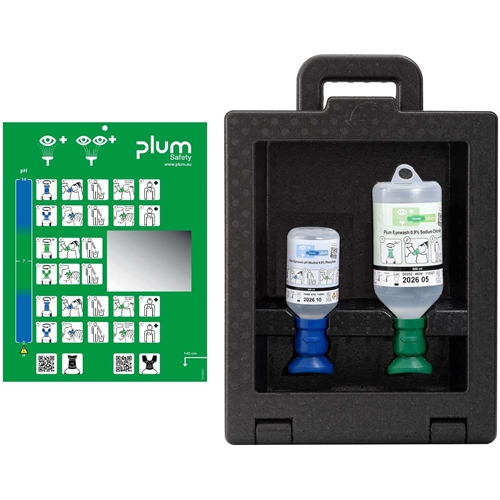 Plum 4921 iBox 2 mit 1x200ml pH Neutral + 1x500ml Augenspülung und separater Piktogrammtafel mit Spiegel an Arbeitsplätzen geeignet wo