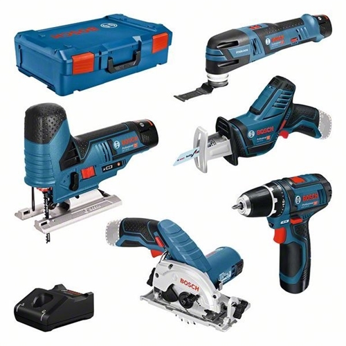 Bosch Combo Kit 5-tlg.-12V-Werkzeug-Set: GSR + GST + GOP + GKS + GSA mit 3 x Akku GBA 12V 3.0Ah Schnellladegerät x L-BOXX Nr. 0615A0017C