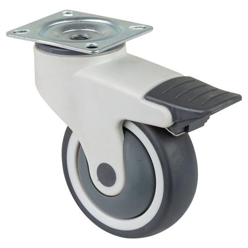 Kunststoff-Lenkrolle mit Totalfeststeller Rad Ø 100mm Gummi grau Radb. 32mm BH 137mm Kugellager Radk. Kunststoff mit Platte PG