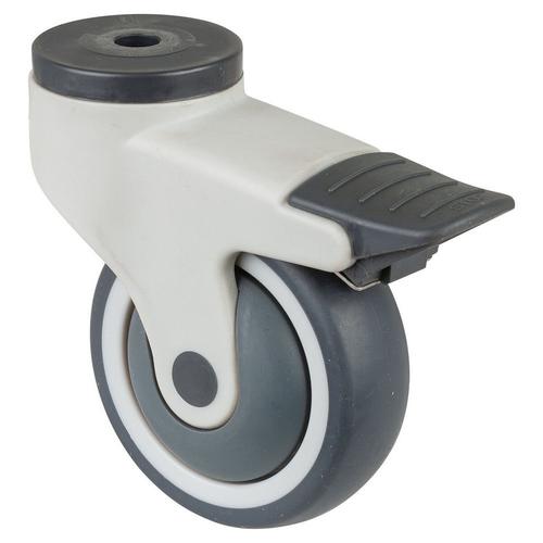 Kunststoff-Lenkrolle mit Totalfeststeller Rad Ø 100mm Gummi grau Radb. 32mm BH 137mm Kugellager Radk. Kunststoff mit Rückenloch