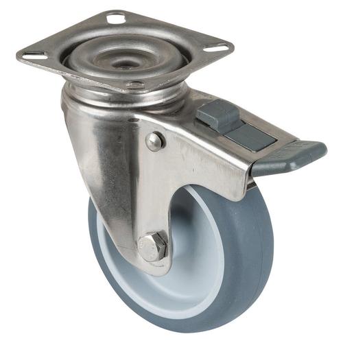 Apparate-Lenkrolle mit Totalfeststeller Rad Ø 75mm Gummi grau Radb. 24mm BH 101mm Gleitlager Radk. Kunststoff mit Platte PG