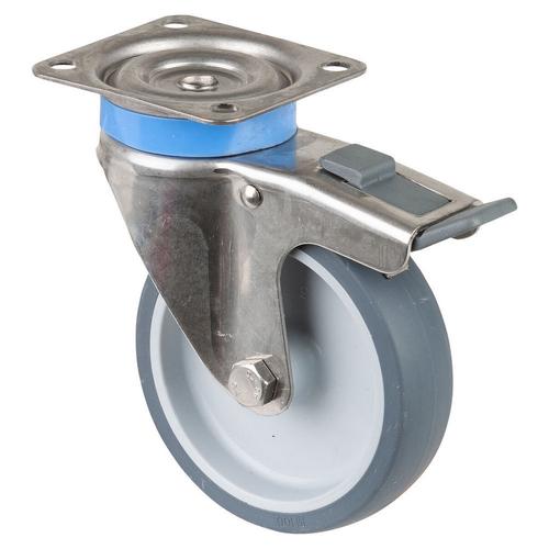 Apparate-Lenkrolle mit Totalfeststeller Rad Ø 100mm Gummi grau Radb. 28mm BH 136mm Gleitlager Radk. Kunststoff mit Platte PG