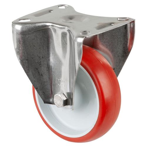 Bockrolle Rad Ø 100mm Polyurethan rot 98+/-4 Shore A Radb. 30mm BH 127mm Gleitlager Radk. Kunststoff mit Platte PG 95x80mm Tragkr.