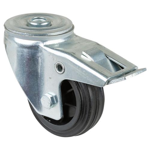 Transport-Lenkrolle mit Totalfeststeller Rad Ø 80mm Gummi schwarz Radb. 25mm BH 108mm Rollenlager Radk. Kunststoff mit Rückenloch