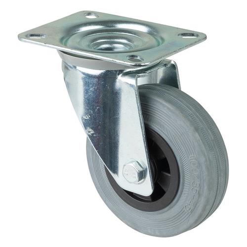 Transport-Lenkrolle Rad Ø 100mm Gummi grau Radb. 30mm BH 128mm Rollenlager Radk. Kunststoff mit Platte PG 104x80mm Tragkr. 70kg Nr.