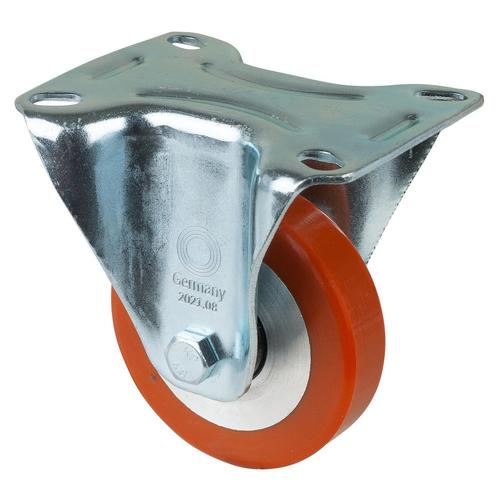 Transport-Bockrolle Rad Ø 80mm Guss-Polyurethan orange 95+/-3 Shore A Radb. 20mm BH 106mm Kugellager Radk. Aluminium mit Platte PG