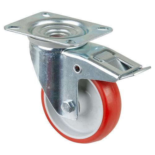 Transport-Lenkrolle mit Totalfeststeller Rad Ø 100mm Polyurethan rot 98+/-4 Shore A Radb. 30mm BH 128mm Rollenlager Radk. Kunststoff