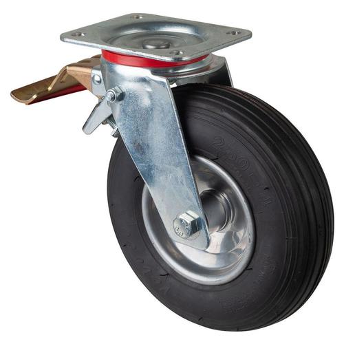 Transport-Lenkrolle mit Totalfeststeller Rad Ø 230mm Gummi schwarz Radb. 65mm BH 255mm Rollenlager Radk. Stahl mit Platte PG