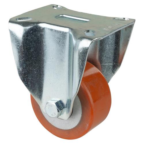 Schwerlast-Bockrolle Rad Ø 80mm Guss-Polyurethan orange 95+/-3 Shore A Radb. 40mm BH 127mm Kugellager Radk. Aluminium mit Platte PG