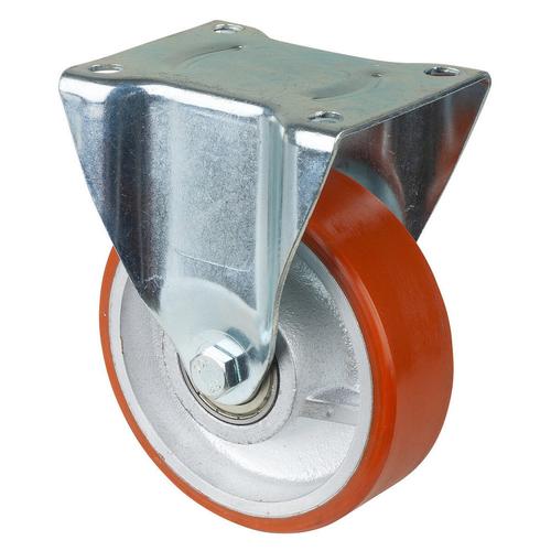 Schwerlast-Bockrolle Rad Ø 150mm Guss-Polyurethan orange 95+/-3 Shore A Radb. 40mm BH 195mm Kugellager Radk. Guss mit Platte PG