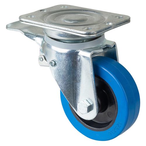 Schwerlast-Lenkrolle mit Totalfeststeller Rad Ø 125mm Elastik-Reifen blau Radb. 45mm BH 178mm Rollenlager Radk. Kunststoff mit
