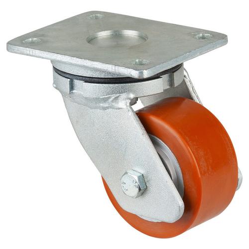 Schwerlast-Lenkrolle Rad Ø 100mm Guss-Polyurethan orange 95+/-3 Shore A Radb. 50mm BH 145mm Kugellager Radk. Guss mit Platte PG