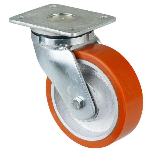 Schwerlast-Lenkrolle Rad Ø 160mm Guss-Polyurethan orange 95+/-3 Shore A Radb. 50mm BH 200mm Kugellager Radk. Guss mit Platte PG