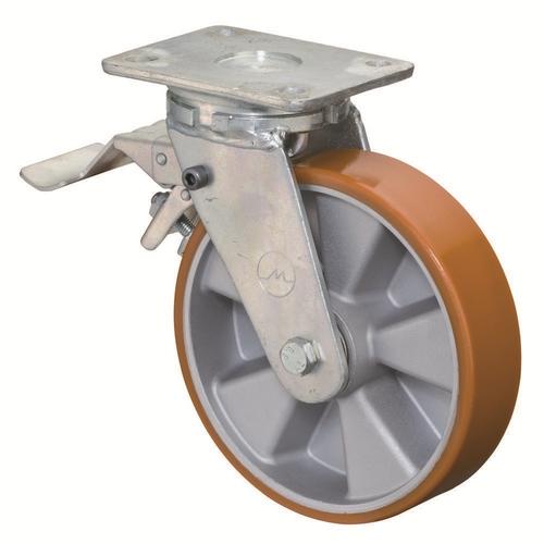 Schwerlast-Lenkrolle mit Totalfeststeller Rad Ø 200mm Guss-Polyurethan orange 95+/-3 Shore A Radb. 50mm BH 245mm Kugellager Radk.