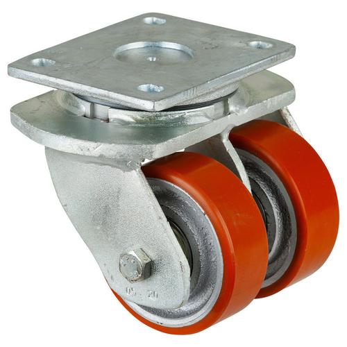 Schwerlast-Doppel-Lenkrolle Rad Ø 100mm Guss-Polyurethan orange 95+/-3 Shore A Radb. 2x38mm BH 145mm Kugellager Radk. Guss mit