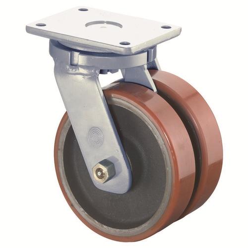 Schwerlast-Doppel-Lenkrolle Rad Ø 250mm Guss-Polyurethan orange 95+/-3 Shore A Radb. 2x50mm BH 314mm Kugellager Radk. Guss mit