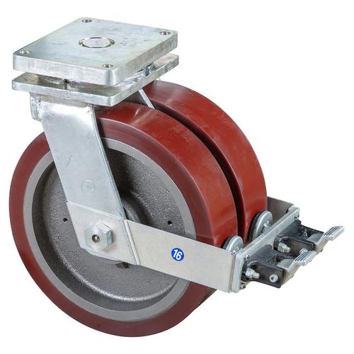 Schwerlast-Doppel-Lenkrolle mit Totalfeststeller Rad Ø 400mm Guss-Polyurethan orange 95+/-3 Shore A Radb. 2x100mm BH 495mm Kugellager