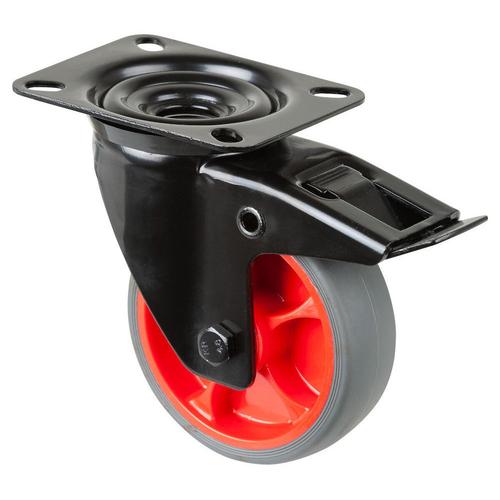 Transport-Lenkrolle mit Totalfeststeller Rad Ø 100mm Thermoplastischer Gummi (TPR) grau Radb. 32mm BH 128mm Rollenlager Radk.