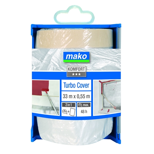 Mako Turbo Cover-Abdeckfolie KOMFORT 550mm x 33m mit Dispenser Flachkrepp-Klebeband HDPE-Folie 10my temperaturbeständig bis 60° Innen
