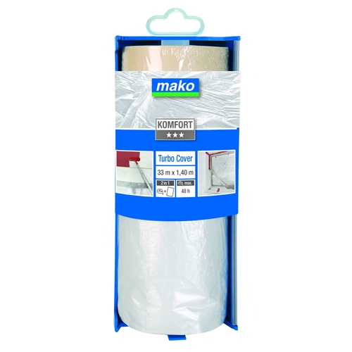 Mako Turbo Cover-Abdeckfolie KOMFORT 1400mm x 33m mit Dispenser Flachkrepp-Klebeband HDPE-Folie 10my temperaturbeständig bis 60° Innen