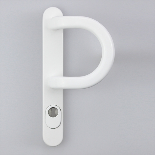 Außengriffschild Paris (Bügel) auf Langschild PZ 92/8mm mit Ziehschutz RAL 9016 verkehrsweiß Bohrmaß 216mm M6