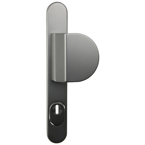 Außengriffschild London (Halbmond) auf Langschild PZ 92/8mm mit Ziehschutz F9 Edelstahl-Look Bohrmaß 216mm M6