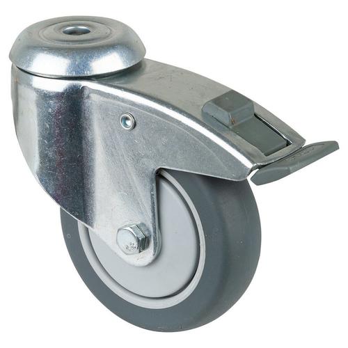 Apparate-Lenkrolle mit Totalfeststeller Rad Ø 100mm Gummi grau Radb. 30mm BH 134mm Kugellager Radk. Kunststoff mit Rückenloch