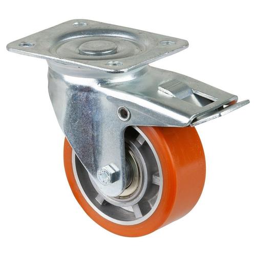Transport-Lenkrolle mit Totalfeststeller Rad Ø 100mm Guss-Polyurethan orange 95+/-3 Shore A Radb. 40mm BH 132mm Kugellager Radk.