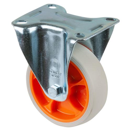 Bockrolle Rad Ø 100mm Thermoplastisches Gummi hellgrau Radb. 32mm BH 128mm Rollenlager Radk. Kunststoff mit Platte PG 104x80mm