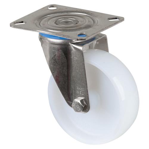 Lenkrolle Rad Ø 100mm Kunststoff weiß Radb. 30mm BH 127mm Gleitlager Radk. Kunststoff mit Platte PG 95x80mm Tragkr. 130kg Nr. H100.A90.100