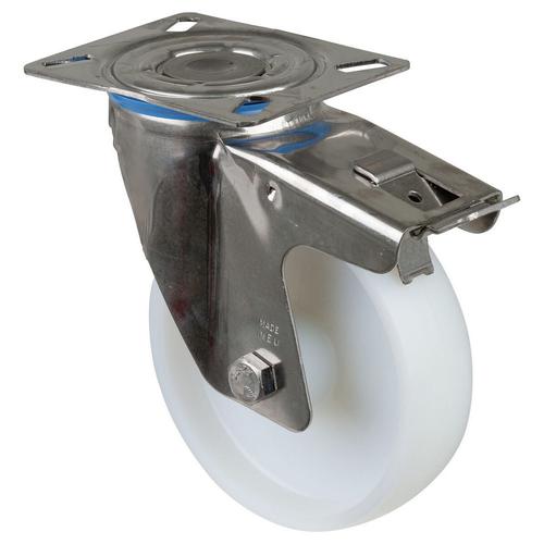 Lenkrolle mit Totalfeststeller Rad Ø 150mm Kunststoff weiß Radb. 40mm BH 192mm Gleitlager Radk. Kunststoff mit Platte PG 129x106mm