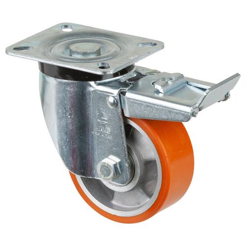 Schwerlast-Lenkrolle mit Totalfeststeller Rad Ø 100mm Guss-Polyurethan orange 95+/-3 Shore A Radb. 40mm BH 137mm Kugellager Radk.