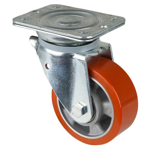 Schwerlast-Lenkrolle Rad Ø 125mm Guss-Polyurethan orange 95+/-3 Shore A Radb. 50mm BH 178mm Kugellager Radk. Aluminium mit Platte PG