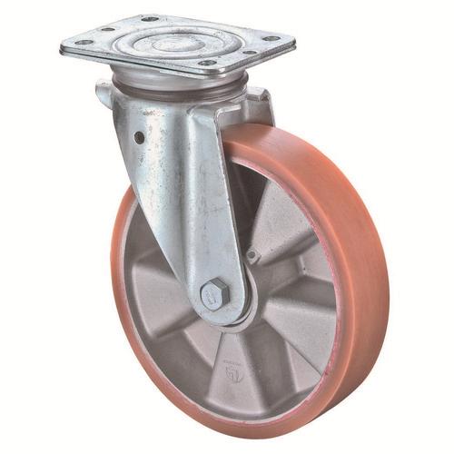 Schwerlast-Lenkrolle Rad Ø 200mm Guss-Polyurethan orange 95+/-3 Shore A Radb. 50mm BH 255mm Kugellager Radk. Aluminium mit Platte PG