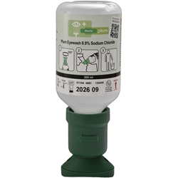 Plum 4691 Augenspülflasche 200ml mit steriler Natriumchloridlösung (0,9%) zum Ausspülen von Fremdkörpern (z.B. Staub, Schmutz, Splitter u.a.), mit ergonomisch geformter Augenschale und Staubkappe, gemäß DIN EN 15154-4, ungeöffnet 3 Jahre haltbar