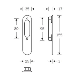 FSB HS-Muschel, für Handhebel, B 35mm, H 155, 42 4215, oval, ohne Lochung, Naturfarbig eloxiert, verdeckt verschraubt, BA 80mm, für Handhebel Nr. 0 42 4215 00000 0105
