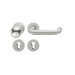 FSB ASL® OT-Wechselgarnitur, mit Rosetten, rund, PZ gelocht, DIN Links-Rechts, Aluminium, 12 1070, Naturfarbig eloxiert, verdeckt verschraubt, mit Stütznocken, Klasse 4, Vierkant 8mm, TS 39-58mm, mit Knopf 0802 Nr. 0 12 1070 01510 0105