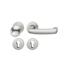 FSB ASL® OT-Wechselgarnitur, mit Rosetten, rund, PZ gelocht, DIN Links-Rechts, Aluminium, 12 1159, Naturfarbig eloxiert, verdeckt verschraubt, mit Stütznocken, Klasse 4, Vierkant 8mm, TS 39-58mm, mit Knopf 0829 Nr. 0 12 1159 01710 0105