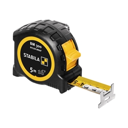 STABILA Taschenbandmaß BM 300, 5m (16'), Maßband mit doppelseitiger cm/inch-Skala, bruchsicheres PC/ABS-Gehäuse, SPIKES-Haken, Stahlband mit NYLON-WRAP-Ummantelung, Gürtel-Clip, MID-Genauigkeit Nr. 19576