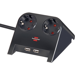 Brennenstuhl Desktop-Power Steckdosenleiste 2-fach für den Tisch (Tischsteckdose mit 1,8m Kabel, Gummifüßen und 2-fach USB) schwarz poliert Nr. 1153500222
