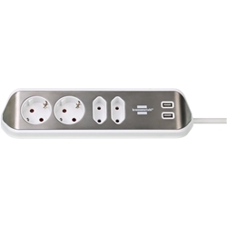 Brennenstuhl®estilo Ecksteckdosenleiste 4-fach (Tischsteckdose mit Edelstahloberfläche für Küche und Büro, Ecksteckdose mit 2x Schutzkontakt-Steckdosen, 2x Euro-Steckdosen, inkl. USB-Ladefunktion) silber/weiß Nr. 1153590420