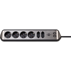 Brennenstuhl®estilo Ecksteckdosenleiste 6-fach (Tischsteckdose mit Edelstahloberfläche für Küche/Büro, Ecksteckdose mit 4x Schutzkontakt-Steckdosen, 2x Euro-Steckdosen, 2x USB) silber/schwarz Nr. 1153590610