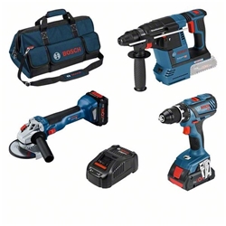 Bosch Combo Kit 3-tlg. 18V: GSR + GWS + GBH + mit 2 x Akku: 1 x Akku ProCORE18V 4.0Ah, 1 x Akku ProCORE18V 8.0Ah, Schnellladegerät, Werkzeugtasche Nr. 0615990M3C