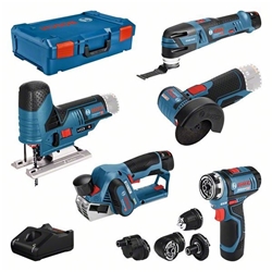 Bosch Combo Kit 5-tlg.-12V-Werkzeug-Set: GSR (FC) + GOP + GHO + GWS + GST, mit 3 x Akku: 2 x GBA 12V 2.0Ah, 1 x Akku GBA 12V 3.0Ah, Schnellladegerät, x L-BOXX Nr. 0615A0017D