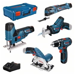 Bosch Combo Kit 5-tlg.-12V-Werkzeug-Set: GSR + GST + GOP + GKS + GSA, mit 3 x Akku GBA 12V 3.0Ah, Schnellladegerät, x L-BOXX Nr. 0615A0017C