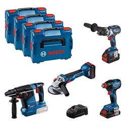Bosch Combo Kit mit 4 18V-Werkzeugen: GSR18V-110C/GD x 18V-210C/GWS18V-10/GBH 18V-24C, mit 3 x Akku: 1 x Akku ProCORE18V 4.0Ah, 2 x Akku ProCORE18V 5.5Ah Nr. 0615990N32
