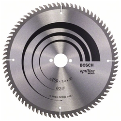 Bosch Kreissägeblatt Optiline Wood für Tischkreissägen, 250x30x3,2mm, 80 Zähne Nr. 2608640660