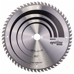 Bosch Kreissägeblatt Optiline Wood für Tischkreissägen, 315x30x3,2mm, 60 Zähne Nr. 2608640651