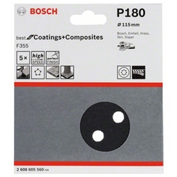 Bosch Schleifblatt F355, 115mm, 180, 8 Löcher, Klett, 5er-Pack Nr. 2608605560