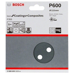Bosch Schleifblatt F355, 115mm, 600, 8 Löcher, Klett, 5er-Pack Nr. 2608605113